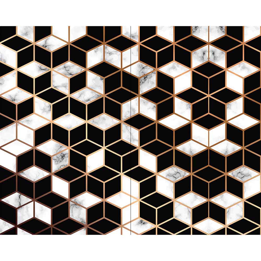 Quadro su tela grande con pattern esagonale in marmo bianco, nero e rame, effetto ottico tridimensionale per ambienti eleganti e sofisticati.