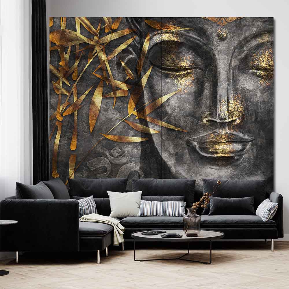 Quadro su tela grande con immagine del Buddha in meditazione e dettagli dorati, ideale per soggiorni eleganti e ambienti ispirati all’Oriente.