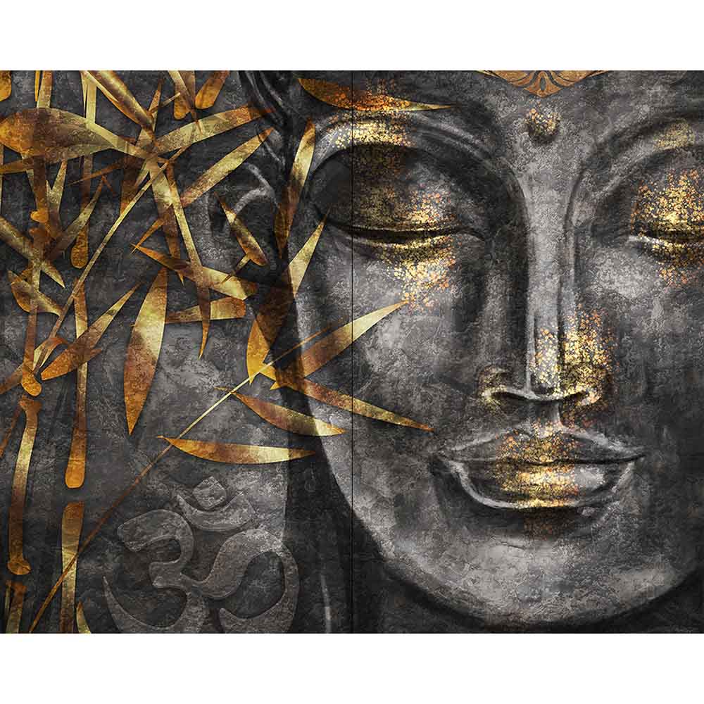 Quadro su tela grande con volto del Buddha in meditazione avvolto da foglie dorate, decoro spirituale perfetto per interni armoniosi e moderni.