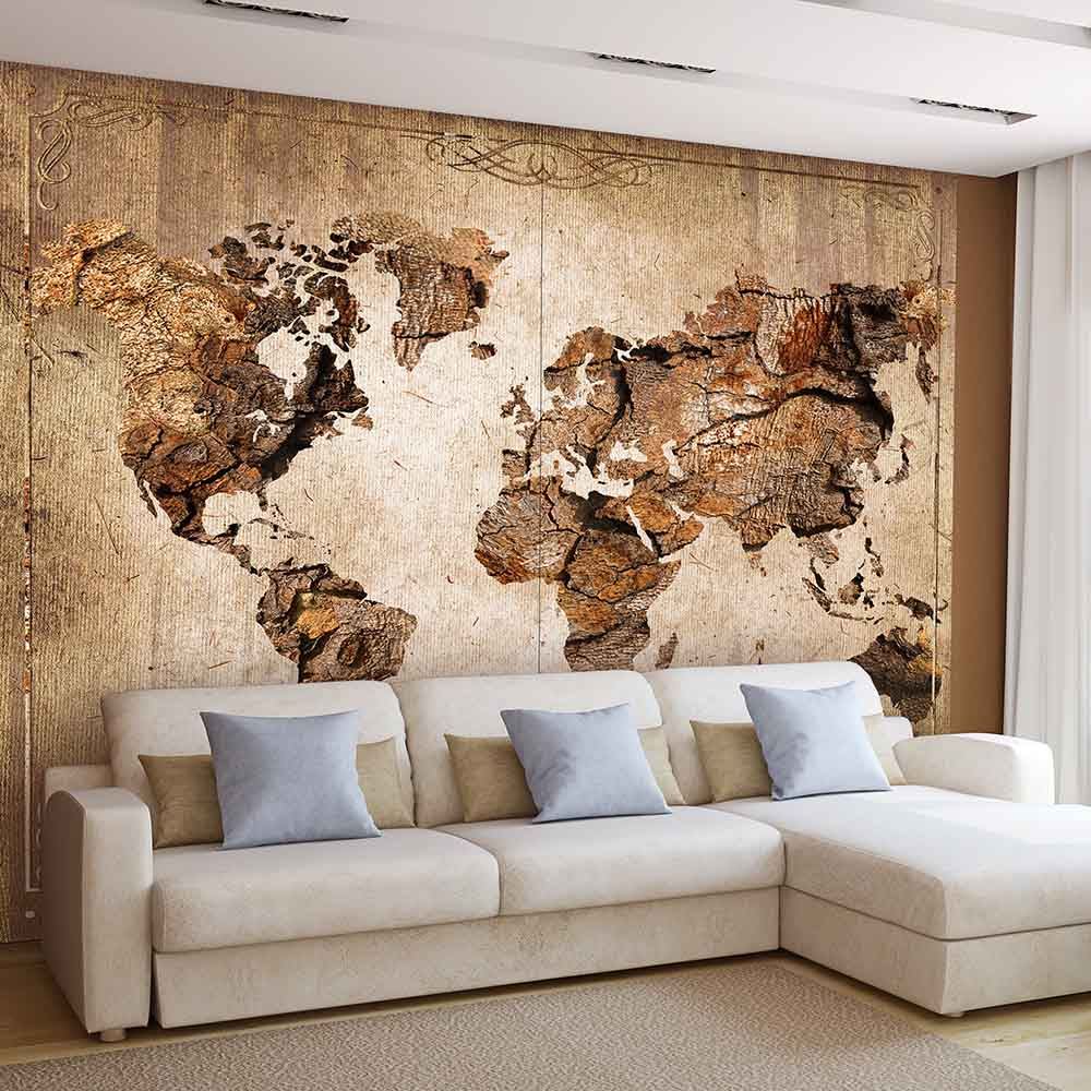 Quadro su tela grande con planisfero effetto corteccia e pietra, stile rustico con bussola e fregi decorativi, ideale per soggiorno moderno.
