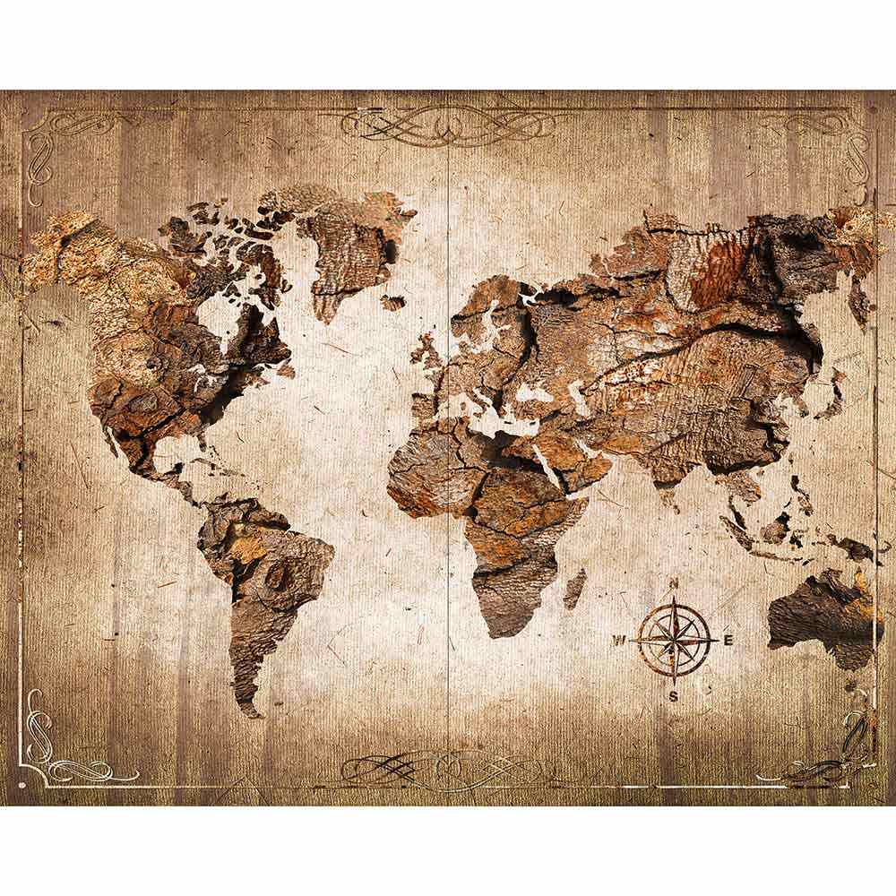 Quadro su tela grande raffigurante mappa del mondo in texture materiche effetto legno e roccia su fondo chiaro, con ornamenti decorativi.