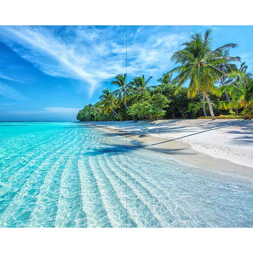 Quadro su tela grande con palme e mare cristallino, ideale per portare un tocco tropicale agli spazi.