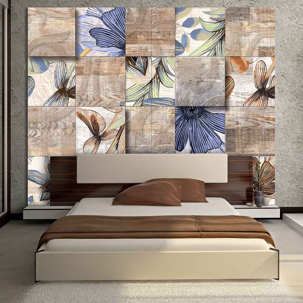 Quadro su tela grande con motivo floreale vintage dai colori pastello, decorando una camera romantica e delicata.