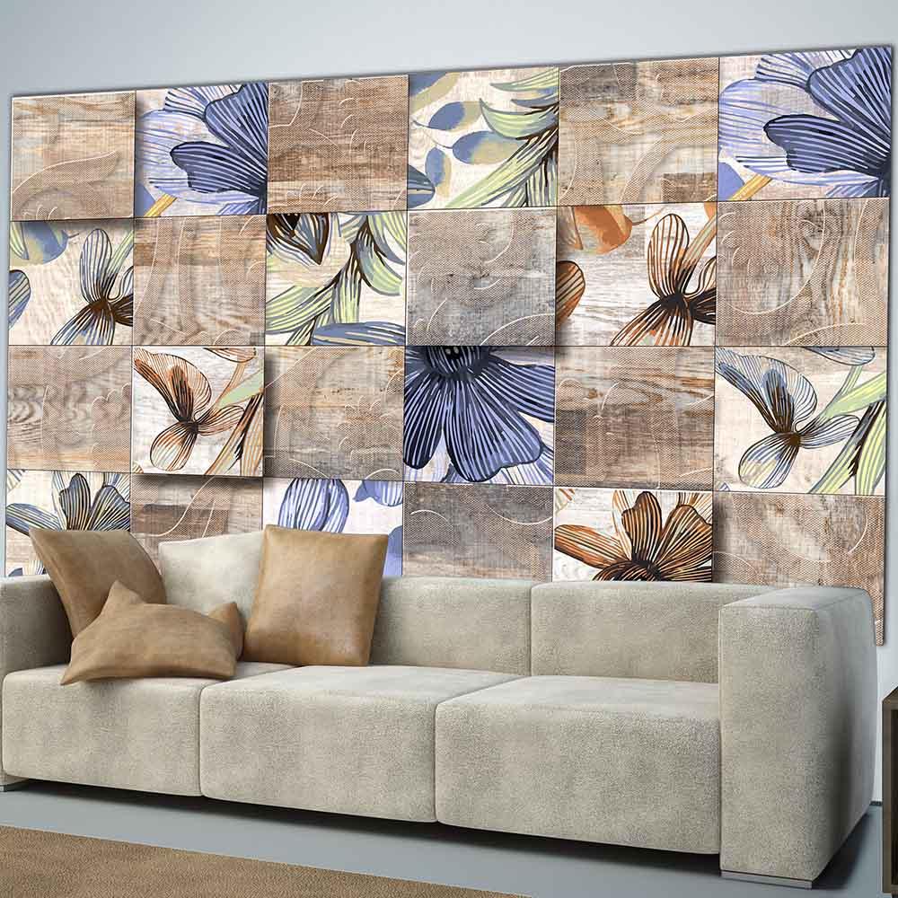 Quadro su tela grande con fiori in stile vintage su sfondo tenue, posizionato sopra un divano in un ambiente raffinato.