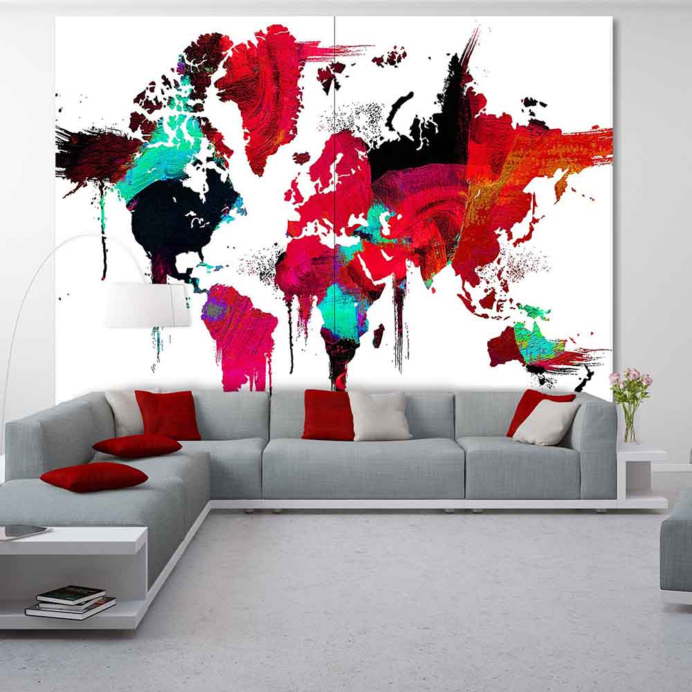 Quadro su tela grande con mappa del mondo astratta dai toni rossi e turchesi, ideale per soggiorni dallo stile contemporaneo.