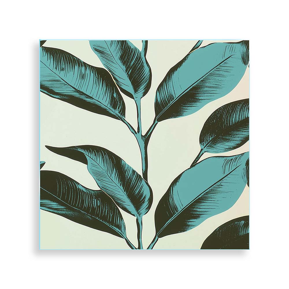 Quadro su vetro quadrato con foglie in stile pop art sui toni del verde, decorazione moderna e accattivante.