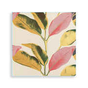 Quadro su vetro quadrato con foglie stilizzate in stile pop art in tonalità rosa, design fresco e contemporaneo.
