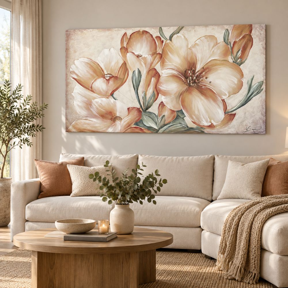 quadro dipinto a mano fiori di pesco ambientato in un soggiorno moderno