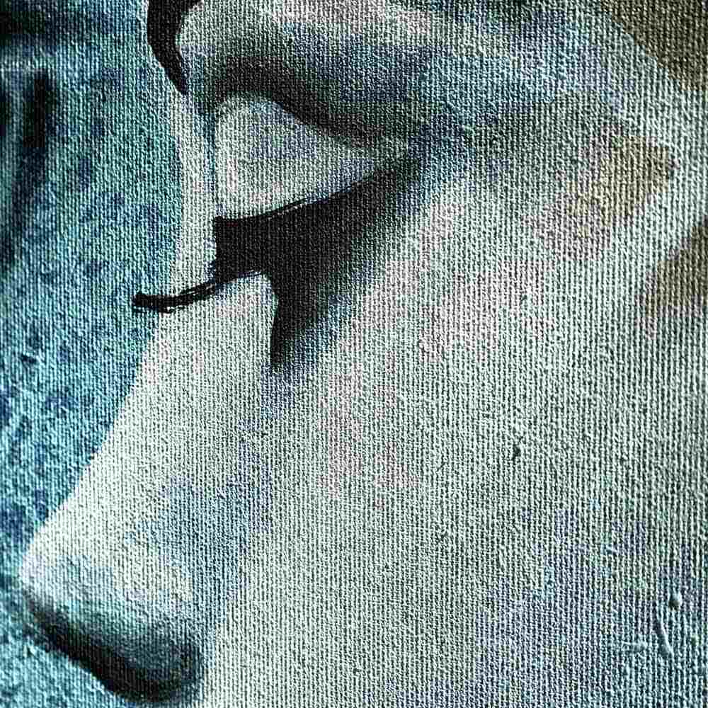 Quadro dipinto a mano con volti posizionati di profilo, dettagli ravvicinati evidenziano pennellate fluide e armoniose.