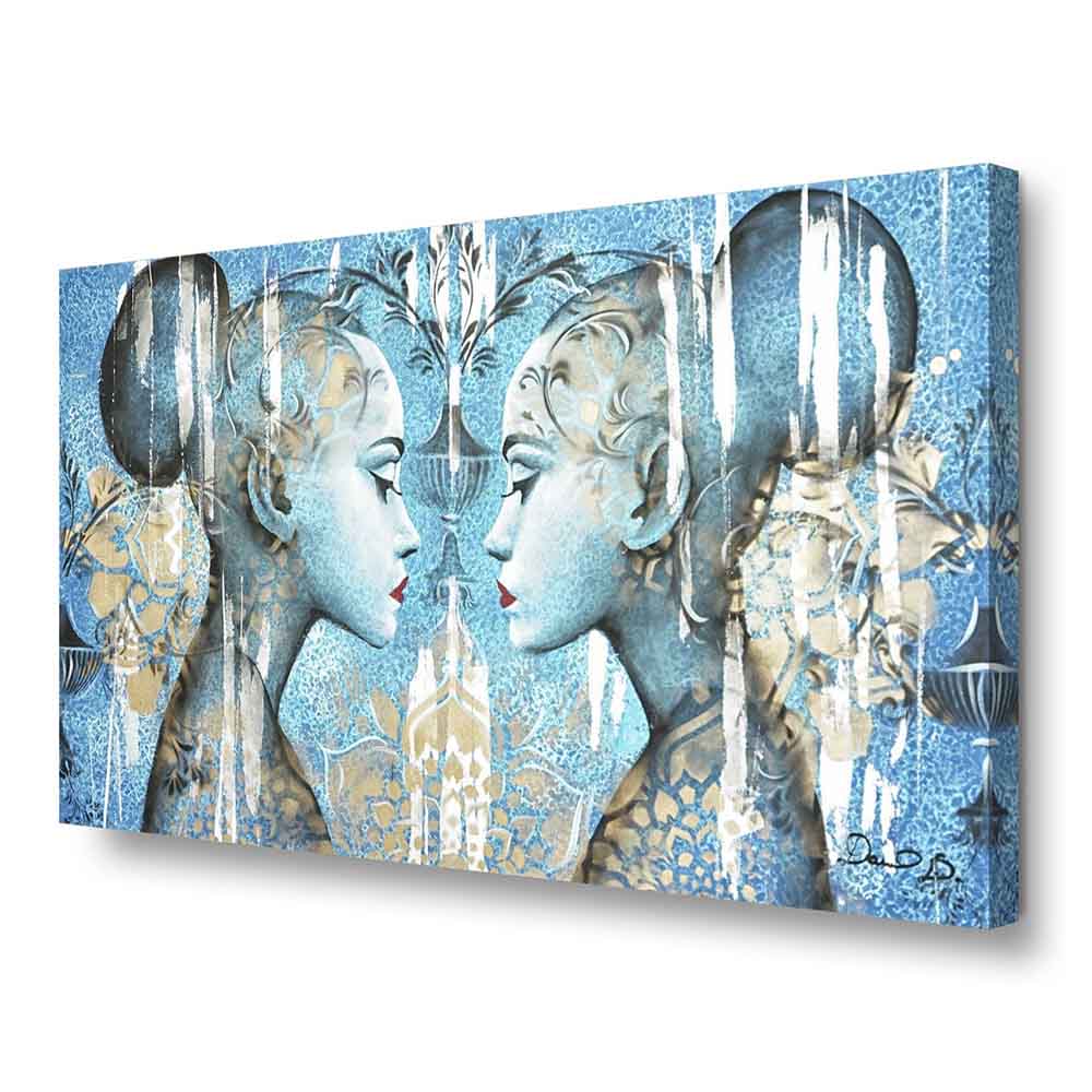 Quadro dipinto a mano con eleganti figure raffigurate di profilo, visto lateralmente per dar rilievo alle ombre e tratti artistici.