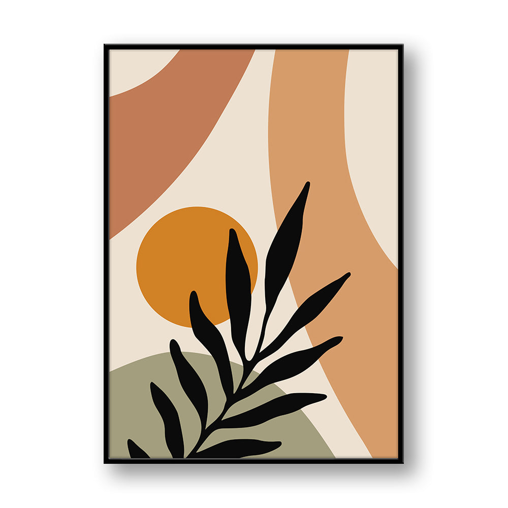 Quadro su pannello verticale con cornice nera: forme curve beige e terracotta, sole ocra e ramo di foglie nere in primo piano.