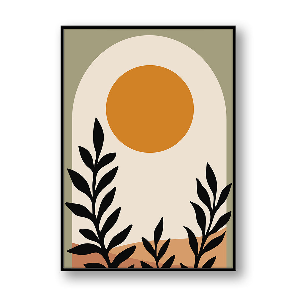 Quadro su pannello verticale con cornice nera: grande arco chiaro su sfondo verde, sole ocra e fogliame nero in basso.