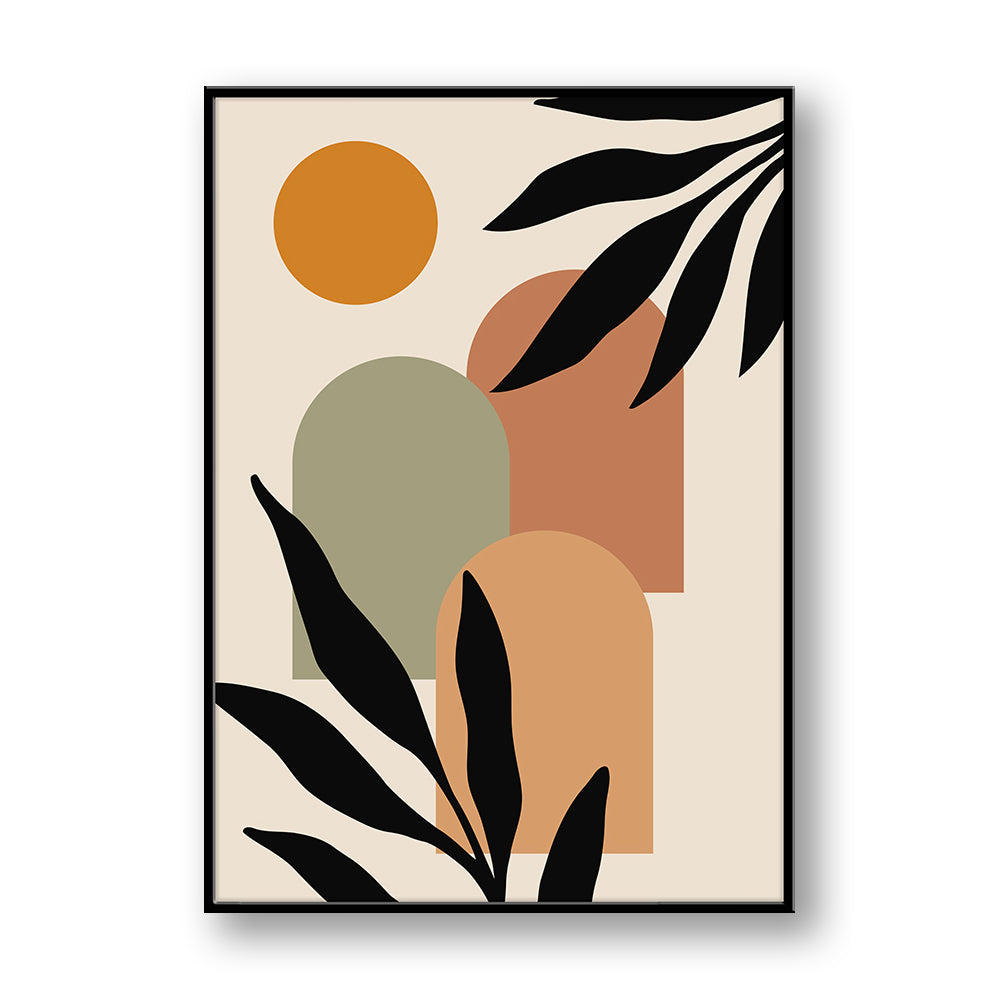Quadro su pannello verticale con cornice nera: sole ocra, archi verde salvia e terracotta, foglie nere agli angoli.