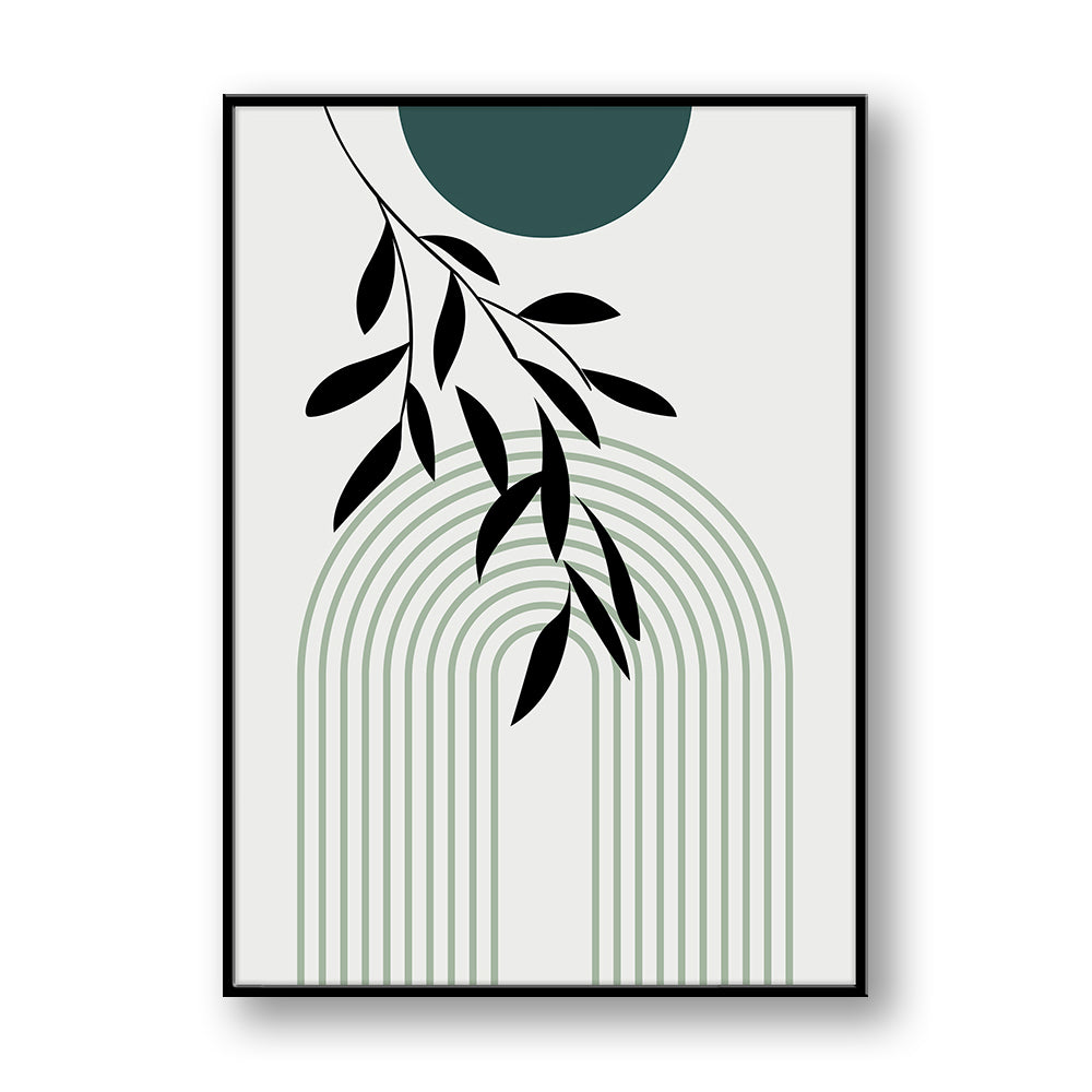 Quadro su pannello verticale con cornice nera: archi concentrici verde salvia, ramo nero pendente e cerchio verde petrolio in alto.