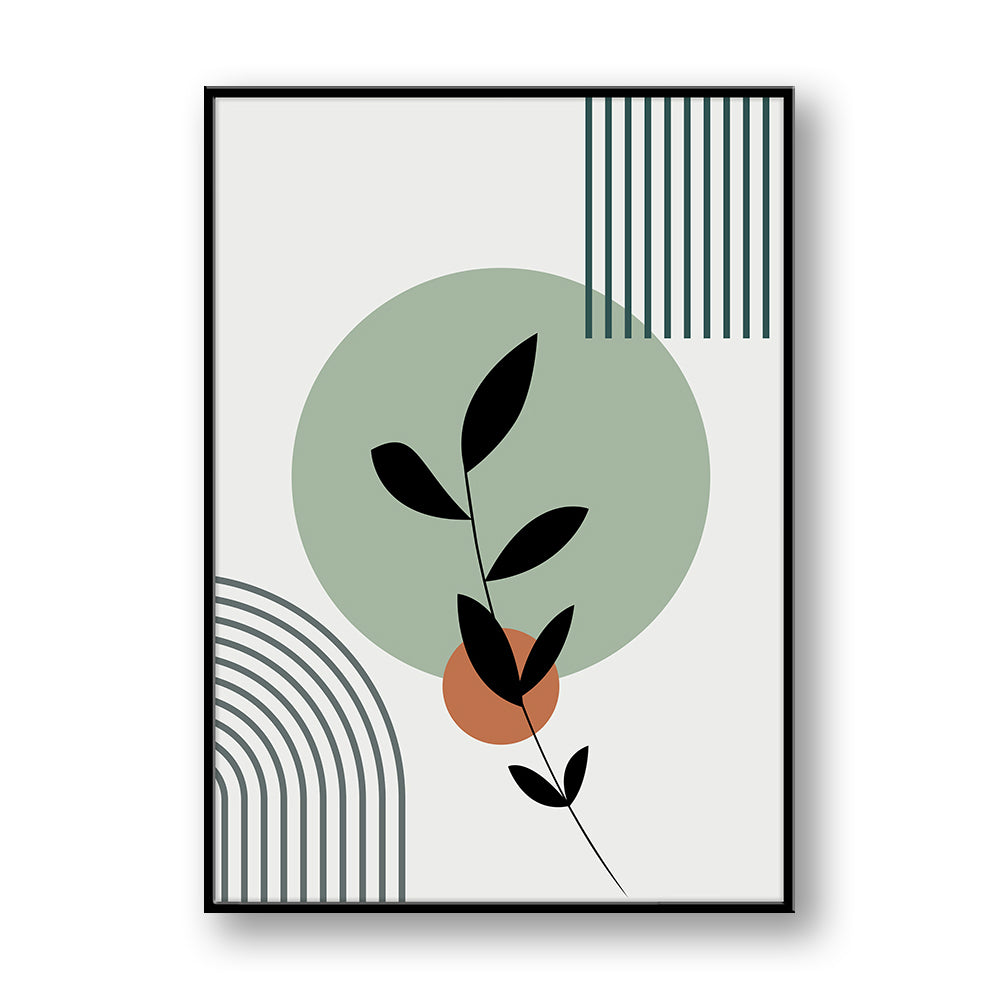 Quadro su pannello verticale con cornice nera: grande cerchio verde salvia e ramo nero centrale, con righe verticali in alto e archi in basso.