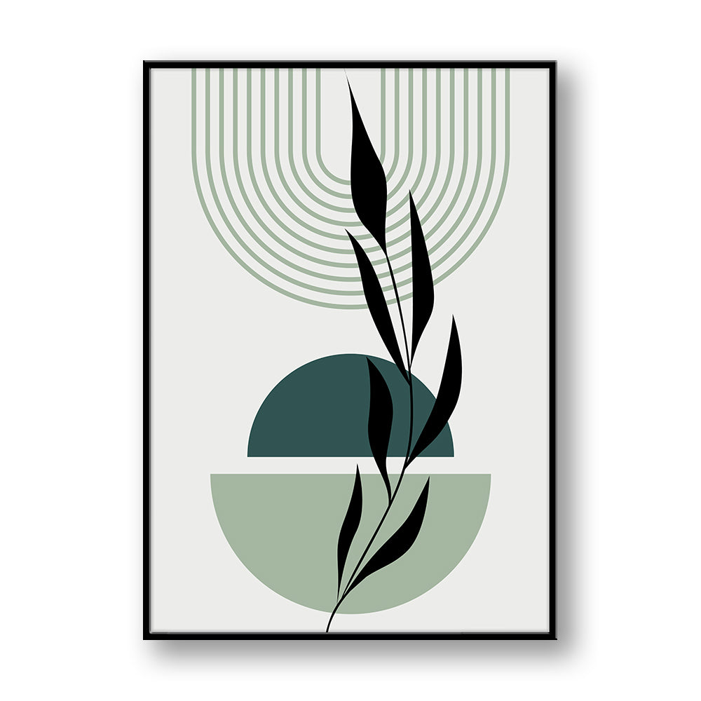 Quadro su pannello verticale con cornice nera: ramo nero in diagonale su cerchio bicolore verde, con archi concentrici in alto.