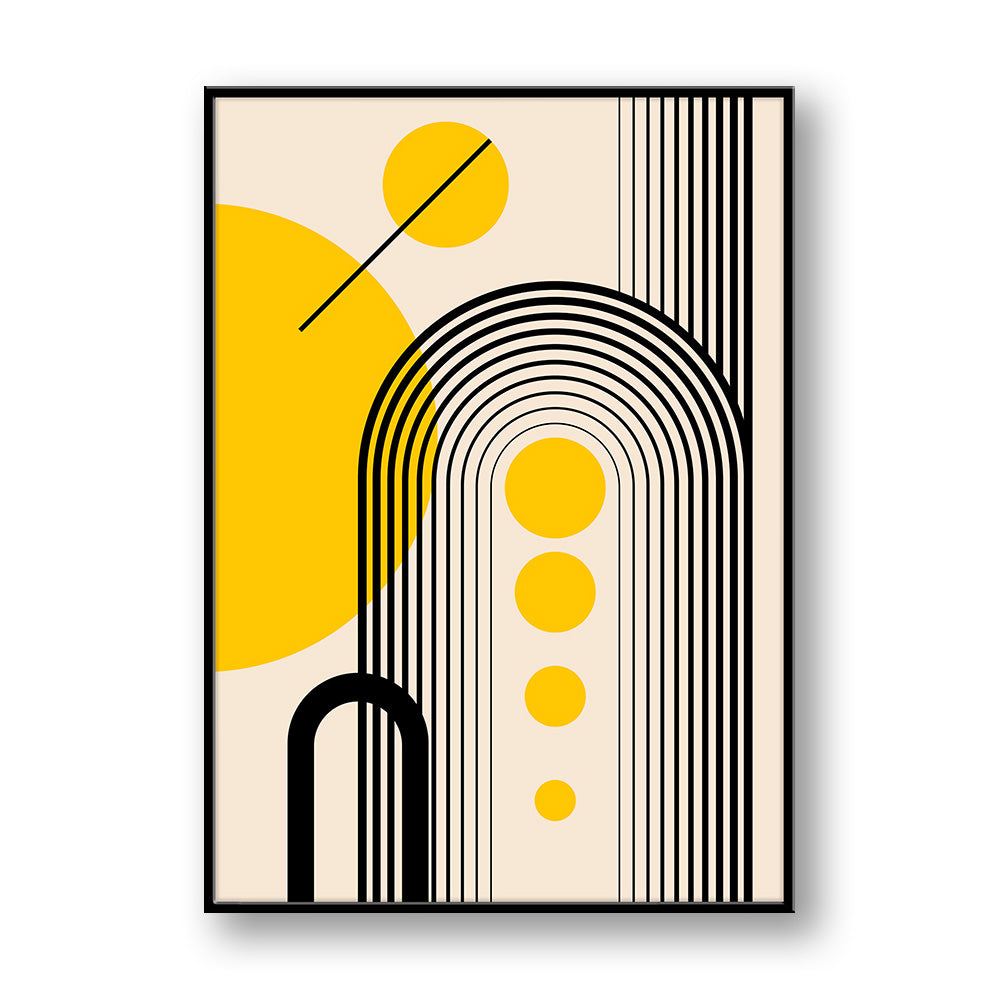 Quadro su pannello verticale con cornice nera: arco a righe nere, colonna di cerchi gialli, grande cerchio giallo laterale e linee verticali a destra.