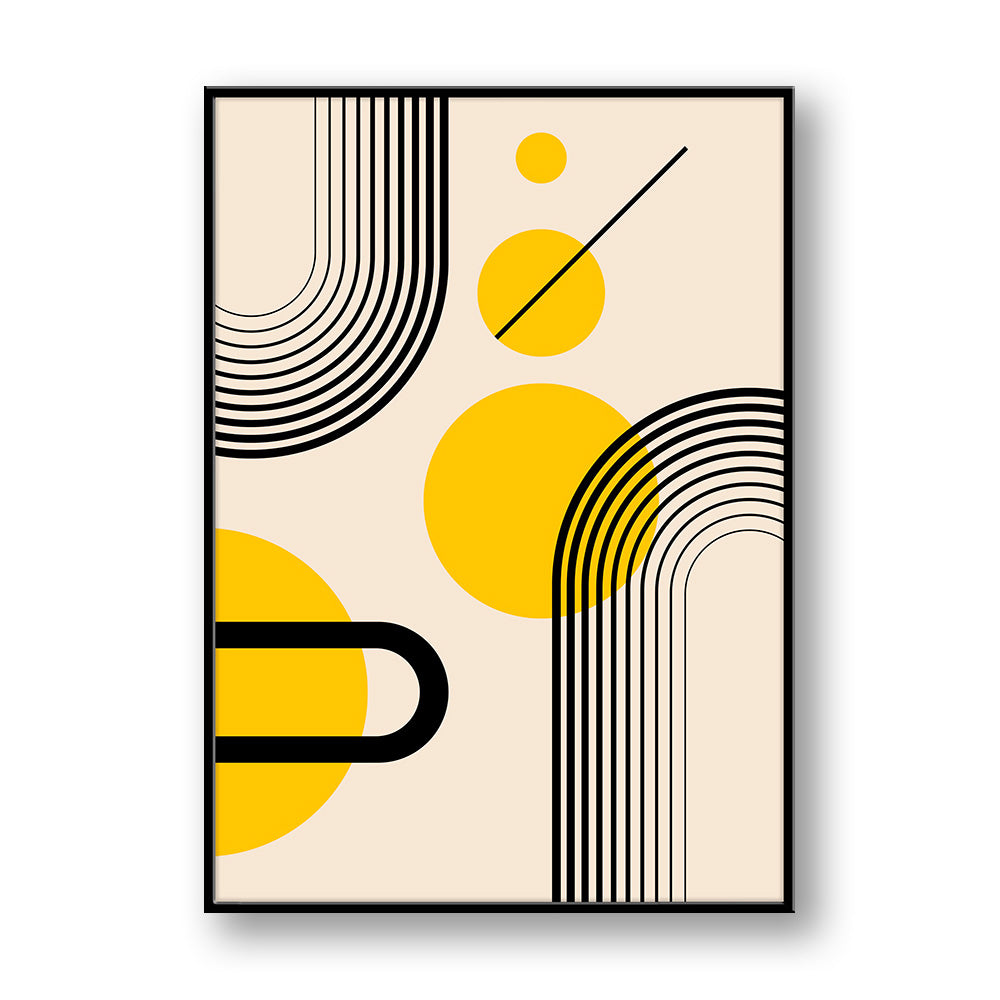 Quadro su pannello verticale con cornice nera: cerchi gialli sovrapposti, arco a righe nere a destra, angolo a U in alto e barra nera a sinistra.