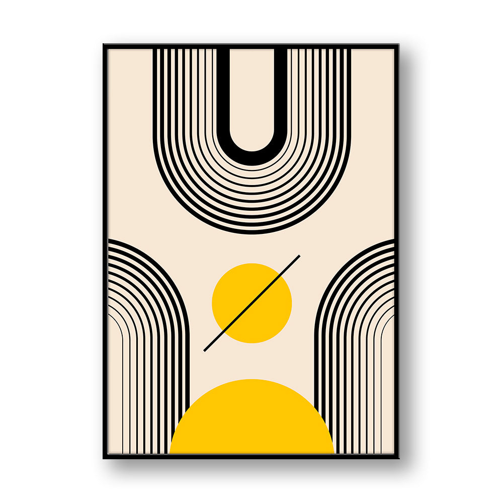 Quadro su pannello verticale con cornice nera: archi concentrici neri su fondo beige, cerchio giallo con linea obliqua e semicerchio in basso.