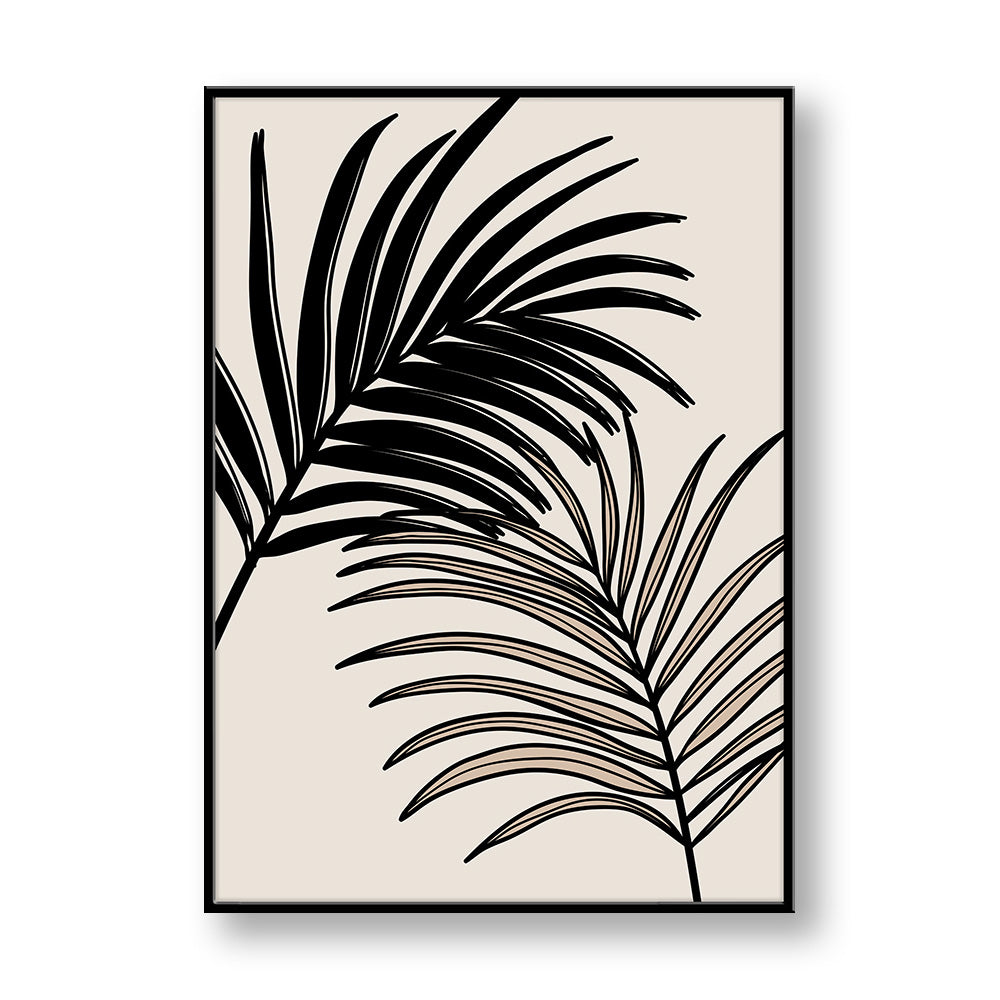 Quadro su pannello verticale con cornice nera: fronde di palma nere e beige che si incrociano da sinistra e dal basso su fondo chiaro.