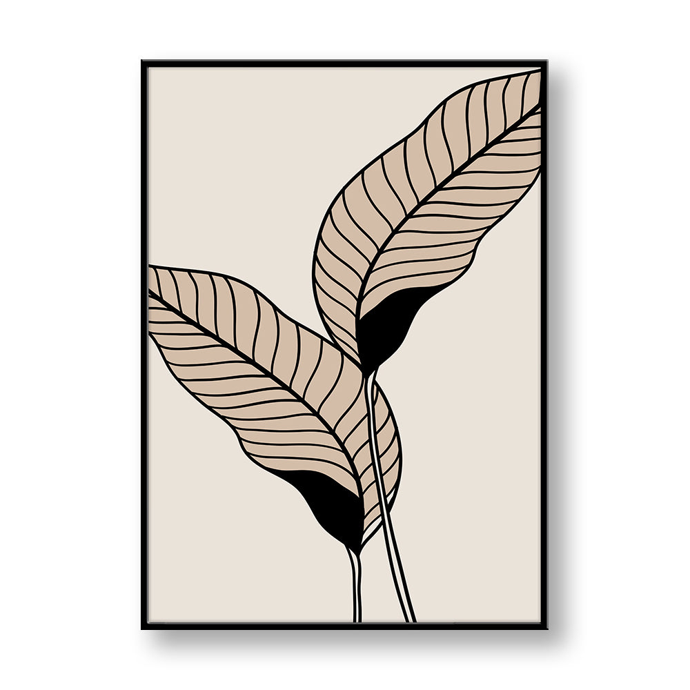 Quadro su pannello verticale con cornice nera: due grandi foglie beige a righe con steli neri, orientate verso l’alto su sfondo chiaro.