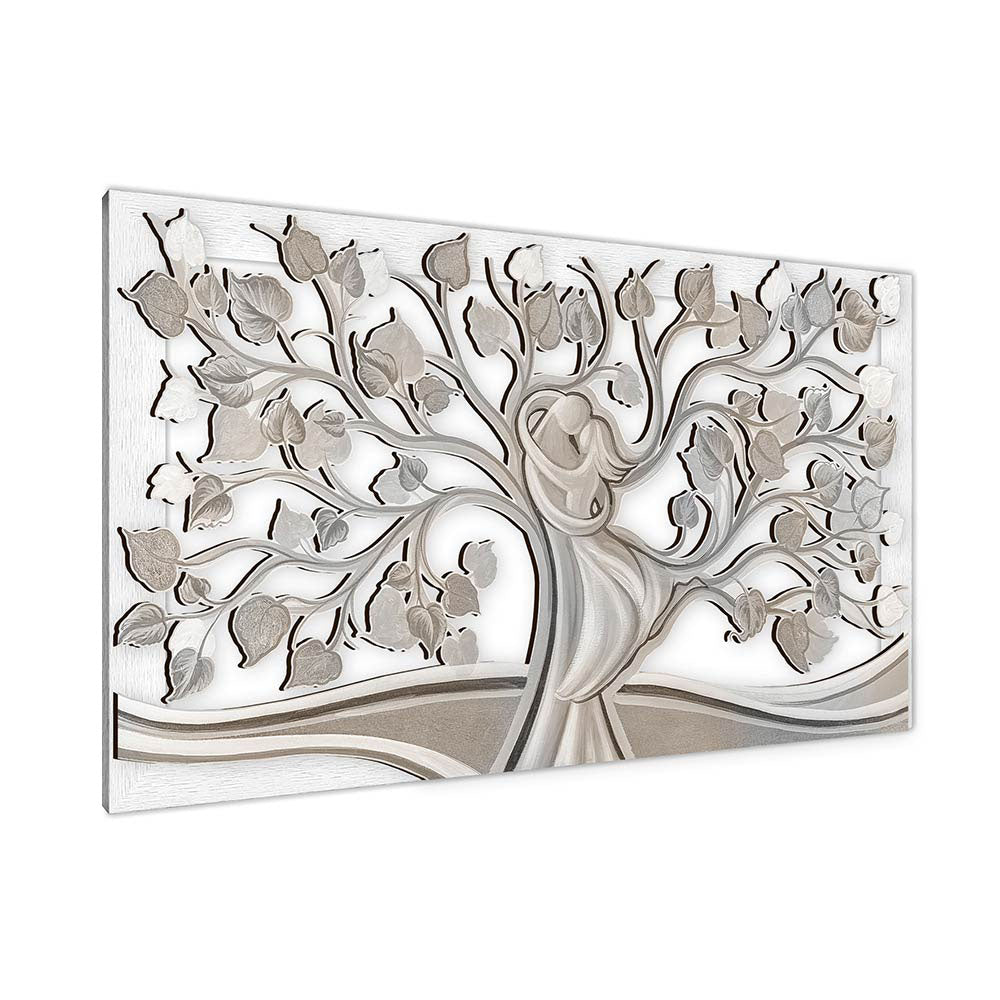 Quadro in legno intagliato vista laterale: rilievo 3D albero con tronco abbraccio, rami intrecciati e foglie bianche, tortora e grigie