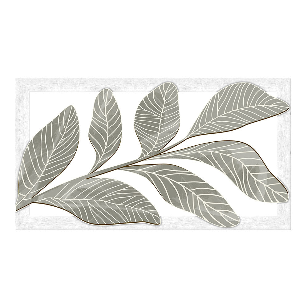 Quadro in legno intagliato frontale: ramo con foglie grigio-verdi sovrapposte, venature bianche e cornice bianca