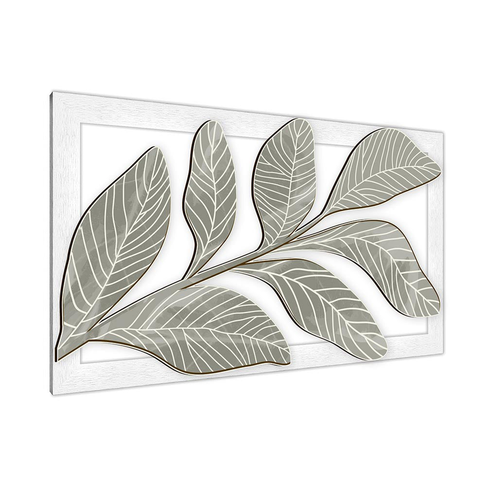 Quadro in legno intagliato vista laterale: pannello a rilievo con foglie grigio-verdi e venature bianche, bordo in legno bianco