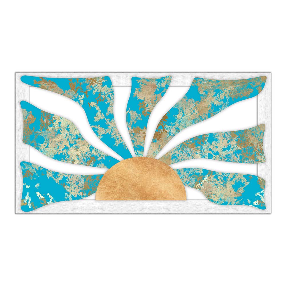 Quadro in legno intagliato frontale: sole semicircolare color oro e fasci di raggi turchesi con texture dorata su cornice bianca