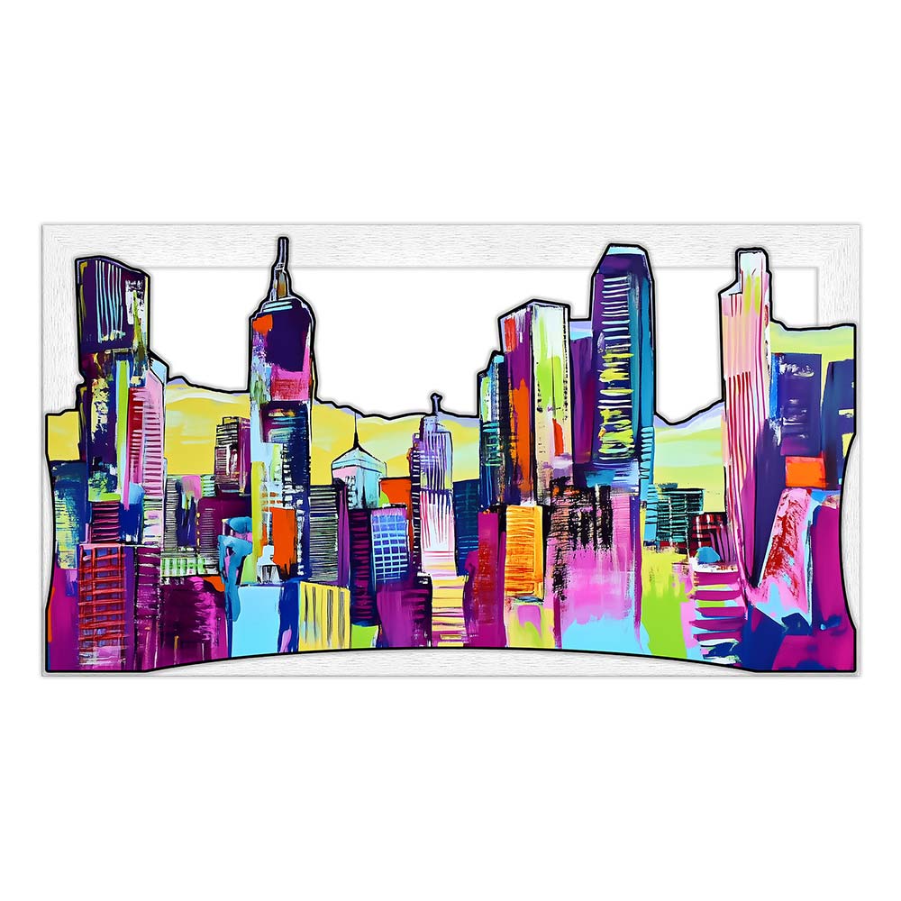 Quadro in legno intagliato frontale: panorama di grattacieli con colori accesi, pennellate astratte e contorni neri su sfondo chiaro
