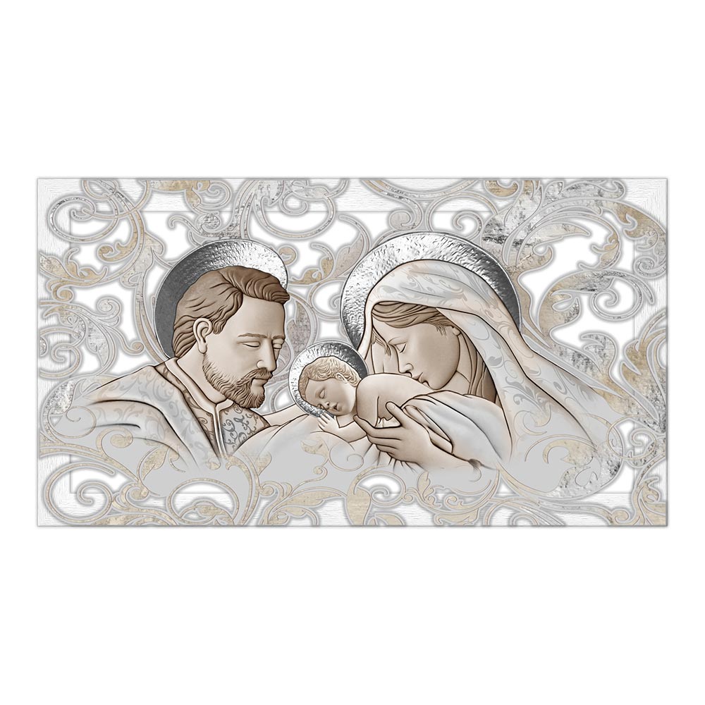 Quadro in legno intagliato frontale: Sacra Famiglia in rilievo con aureole argentate, bimbo al centro e decori arabescati grigio oro