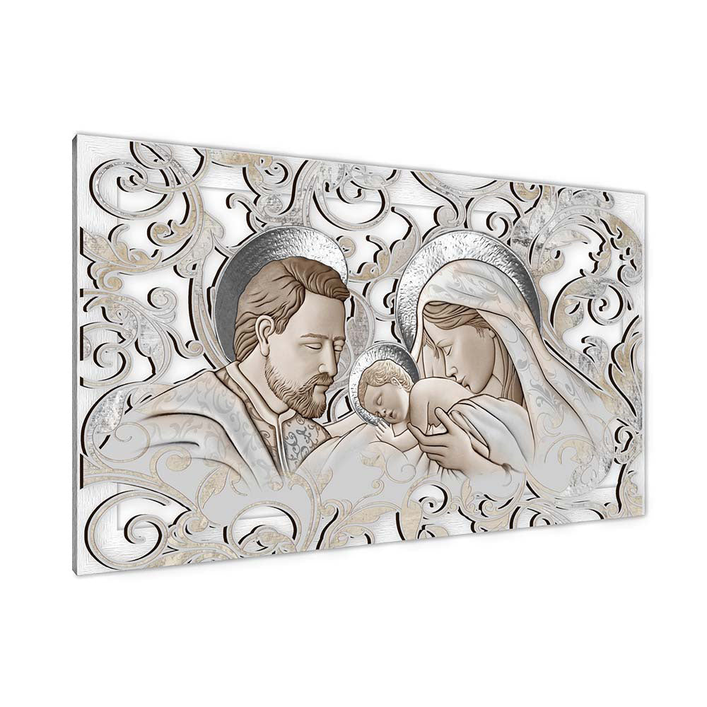 Quadro in legno intagliato vista laterale: rilievo Sacra Famiglia con aureole argento, bimbo al centro e sfondo a volute grigio e oro