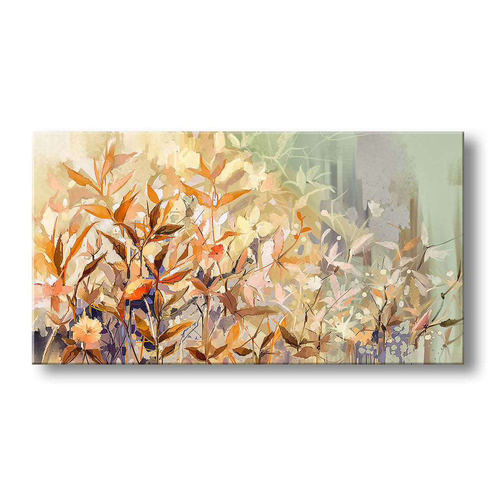 Vista frontale quadro materico botanico con fiori chiari e foglie arancio, tocchi viola e sfondo verde salvia sfumato, texture a pennellate dense.