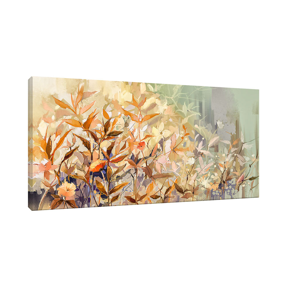 Vista laterale di quadro materico con fiori e foglie in toni crema, arancio e salvia, pennellate sovrapposte e spessore della tela visibile.