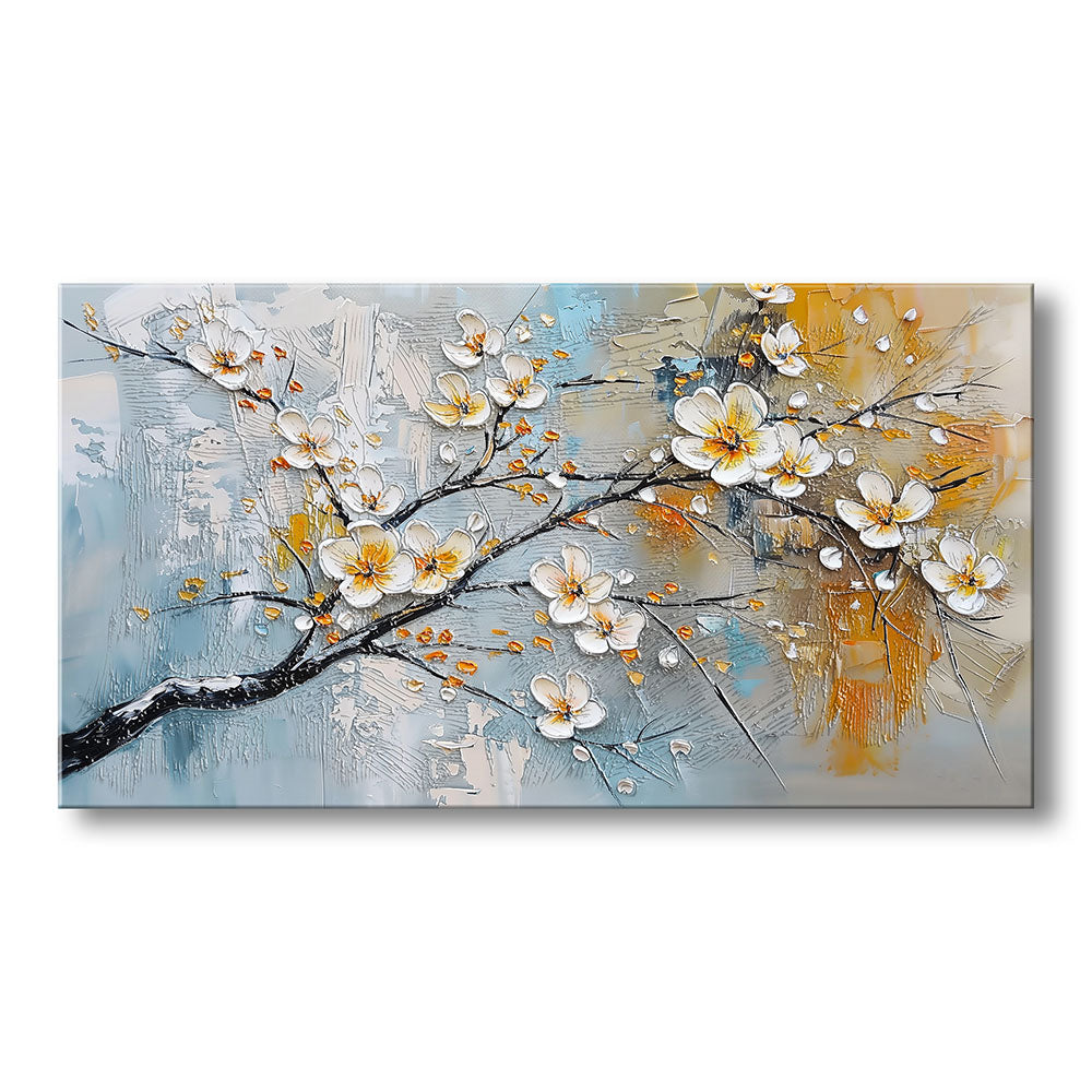 Vista frontale quadro materico con ramo scuro e fiori bianchi in rilievo, pistilli dorati e sfondo astratto azzurro, grigio e ocra.