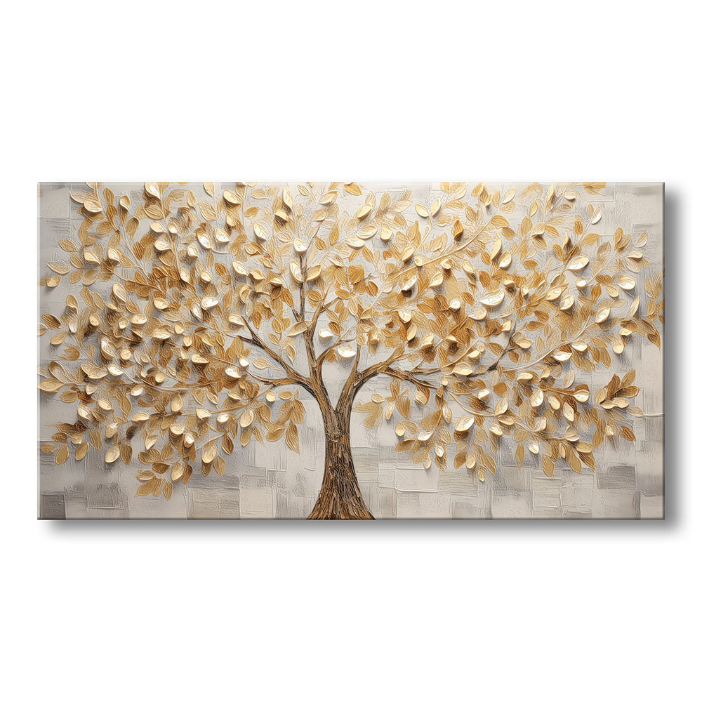 Vista frontale quadro materico con albero centrale e chioma di foglie dorate in rilievo, tronco marrone e sfondo grigio a blocchi spatolati.