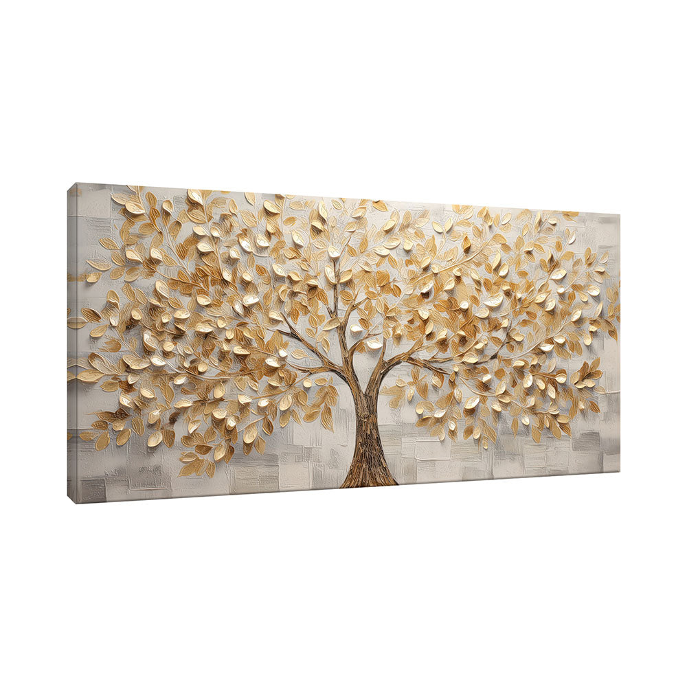 Vista laterale di quadro materico con albero e foglie dorate in rilievo 3D, texture spessa e spessore tela visibile su fondo grigio materico.