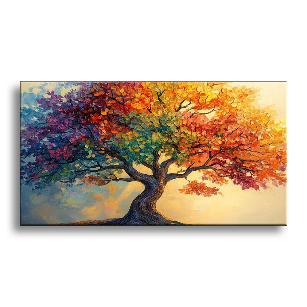 Vista frontale quadro materico con albero centrale e foglie a spatola dai colori viola, blu, verde e arancio su sfondo caldo giallo crema.