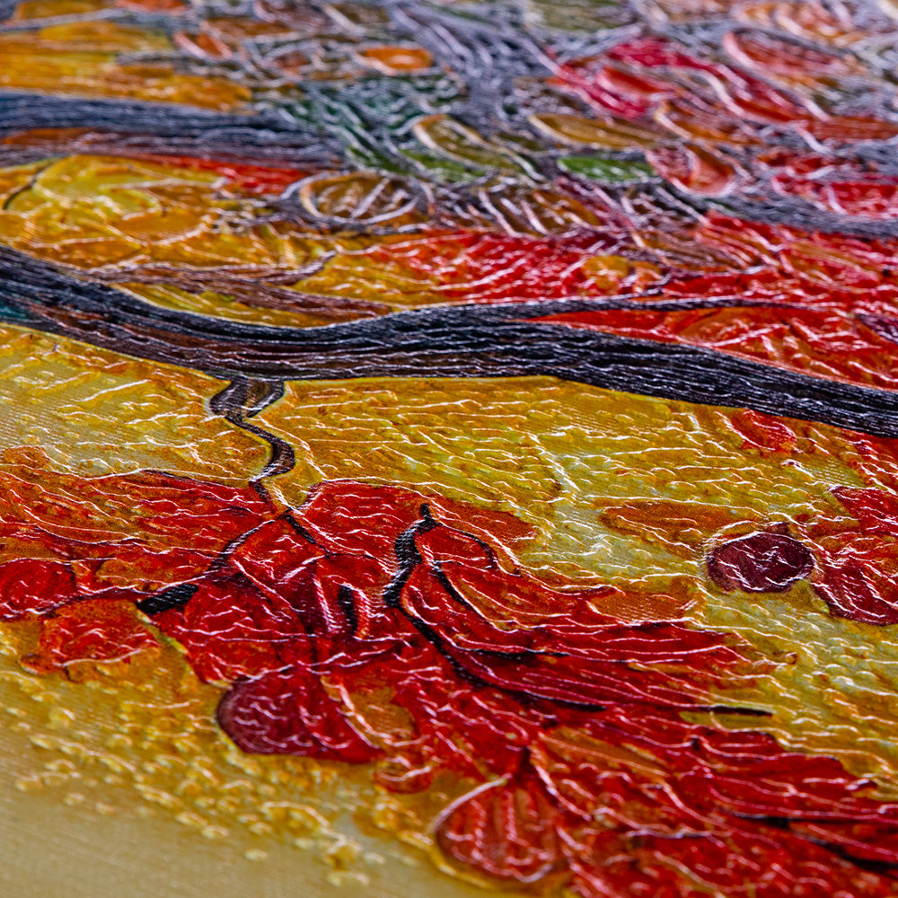 Quadro materico albero delle stagioni con chioma rossa e rami neri su fondo giallo ocra, texture tridimensionale