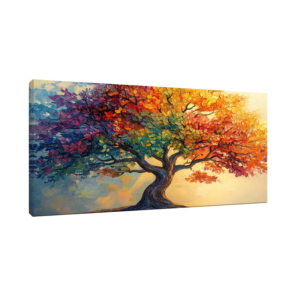 Vista laterale di quadro materico con albero dai rami scuri e chioma multicolore a foglie spesse, gradiente dal viola all’arancio, tela visibile.