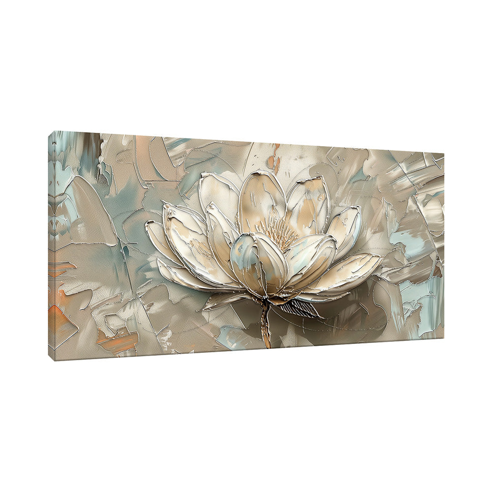 Vista laterale di quadro materico con fiore di loto 3D, petali spessi e bordi lucidi, spessore tela visibile su fondo astratto verde salvia e tortora.