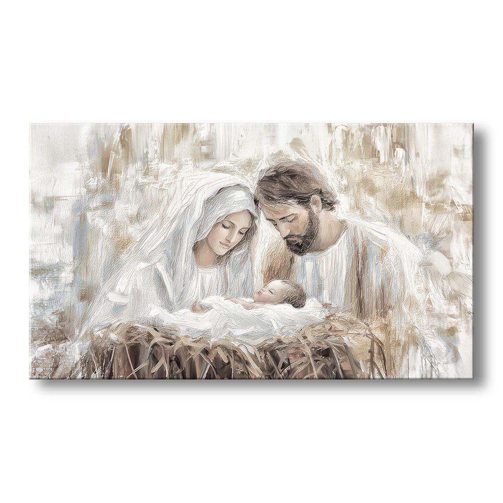 Vista frontale quadro materico con Sacra Famiglia: Maria velata e Giuseppe chino sul neonato nella mangiatoia, toni beige e bianco con texture.