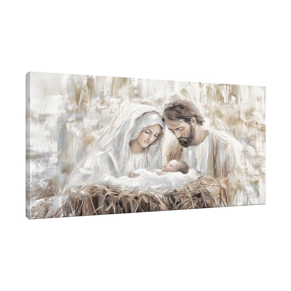 Vista laterale di quadro materico con Sacra Famiglia e neonato nella mangiatoia, pennellate materiche e spessore della tela visibile su fondo chiaro.