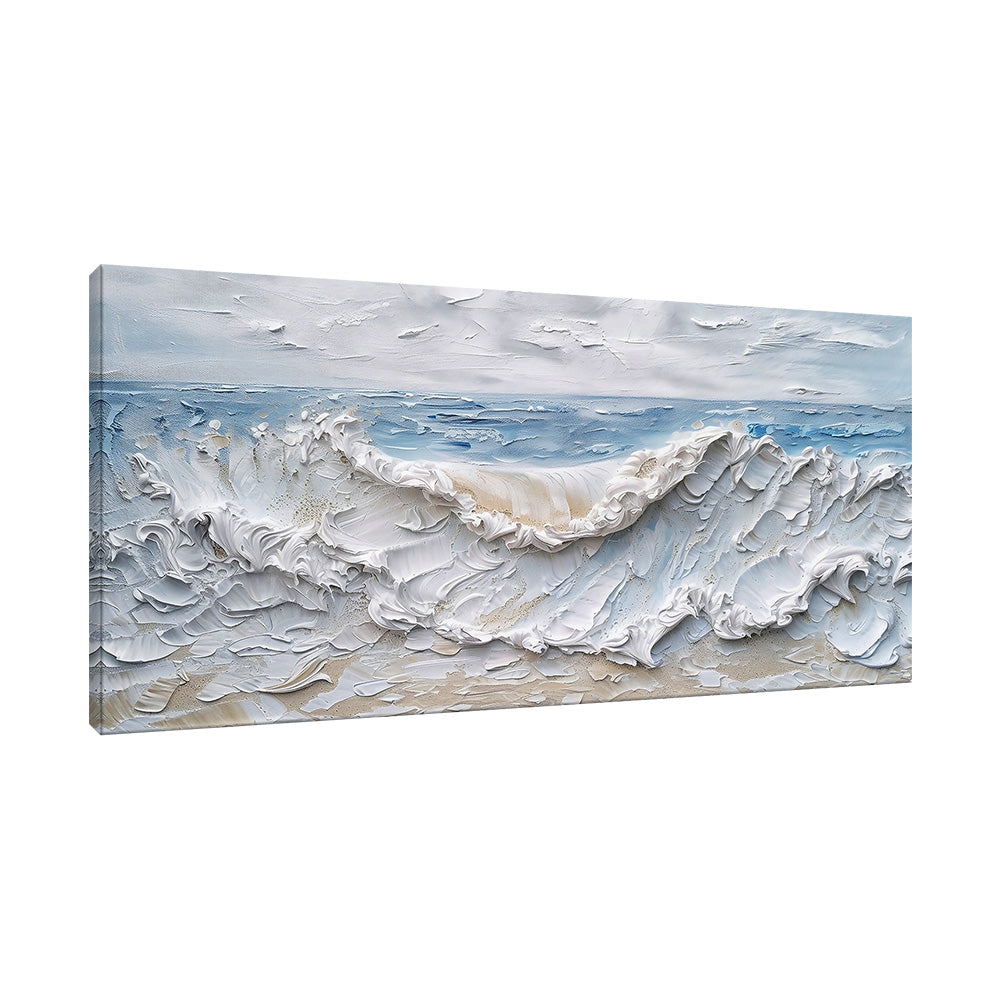 Vista laterale di quadro materico con onda 3D bianca e azzurra, spatolate a cresta e schiuma in rilievo, spessore tela visibile e fondo mare blu.