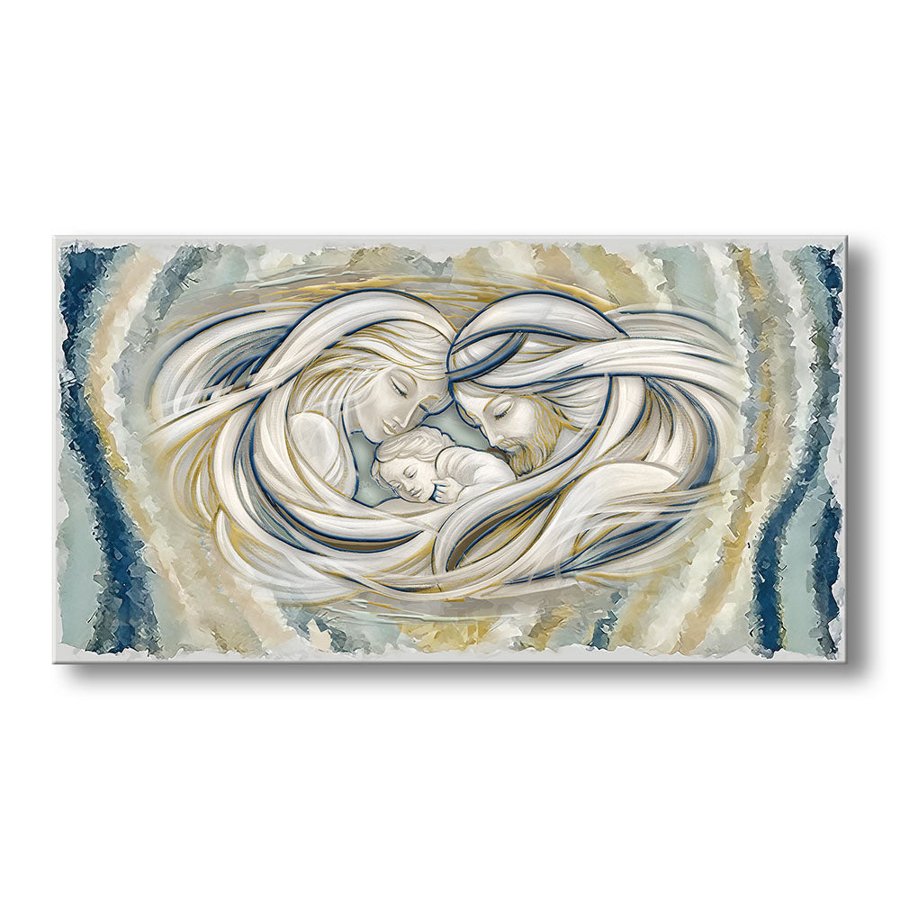 Quadro materico con Sacra Famiglia in abbraccio: volti delicati, chiome avvolgenti, dettagli blu e oro su fondo beige con bordi blu.