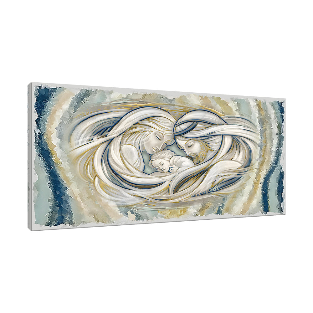 Vista laterale del quadro materico Sacra Famiglia: profilo tela in rilievo, abbraccio centrale e pennellate beige con bordi blu e accenti oro.