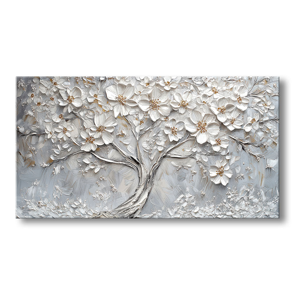 Quadro materico panorama con albero torto e fiori bianchi in rilievo, dettagli oro su fondo grigio-azzurro spatolato.