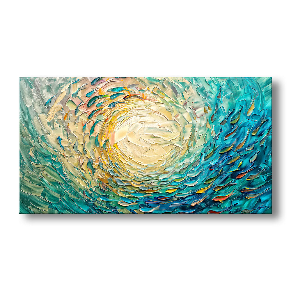 Quadro materico astratto: vortice di pennellate turchesi e verdi con nucleo crema dorato e tocchi arancio, vista frontale.