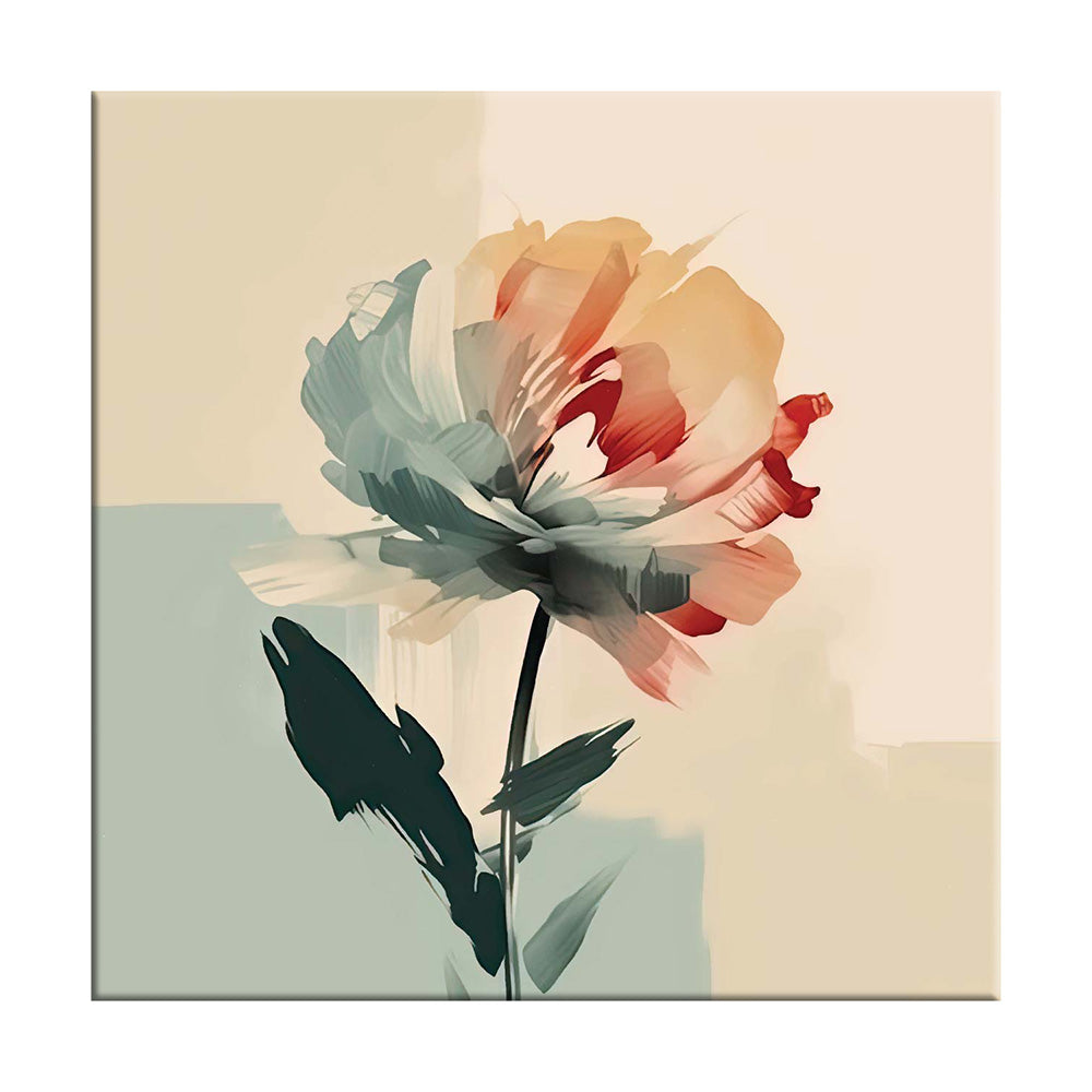 Quadro su tela con fiore stilizzato dai toni verde acqua e arancione, su sfondo chiaro e moderno, in stile astratto ed elegante.