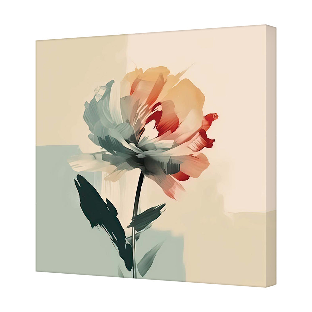 Quadro su tela con fiore astratto verde acqua e arancione su sfondo chiaro, visto di lato, stile moderno ed elegante.